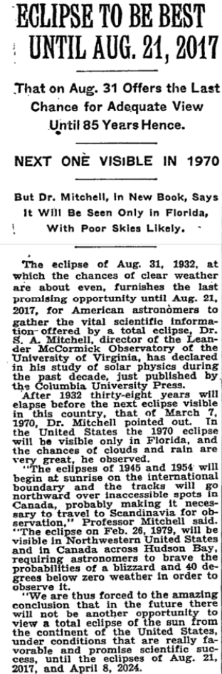 Eclipse Trip 2017: New York Times article 1932-08-14